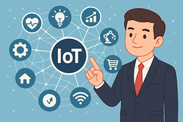 Poster - Internet of Things IoT concept. Businessman pointing at smart technology network. Icons for home automation, health, industry 4.0, ecommerce. Digital transformation and connectivity.