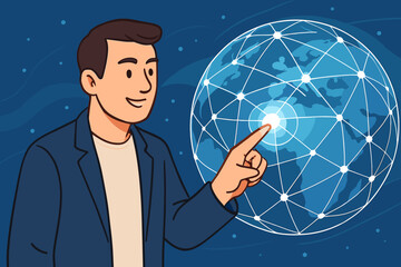 Poster - Cartoon businessman touching a glowing digital globe. Concept for global network, internet technology, communication, and international business. Worldwide connection and innovation.