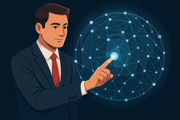 Poster - Businessman touching global network. Future technology concept. Man interacts with glowing data sphere, digital interface. Business innovation, internet, big data, connectivity.