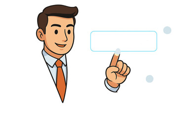 Poster - Businessman pushing innovation button on touch screen. Futuristic interface. Business concept for new idea, technology, creativity, strategy. Vector character pointing at virtual panel.