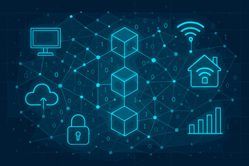 Poster - Blockchain technology futuristic concept. Digital data network connection with security padlock, cloud computing, smart home IoT, and finance chart icons. Abstract crypto background web.
