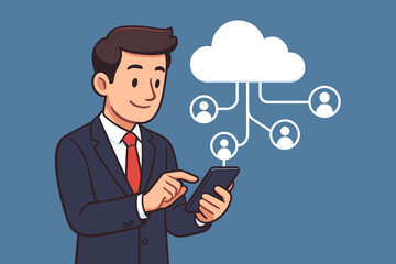 Poster - Businessman using smartphone for cloud computing. Concept of network connection, data storage, and social media. Team collaboration and technology service vector illustration.