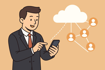 Poster - Businessman connects to cloud network with smartphone. Concept of digital communication, social media, remote collaboration, and data management. Modern business technology illustration.