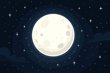 Wall Mural - Cartoon full moon on a dark starry night sky background. Vector illustration of a celestial scene with glowing moonlight, twinkling stars and craters. Cosmic universe concept design.