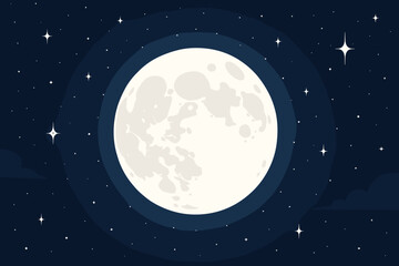 Wall Mural - Bright full moon on a dark starry night sky vector background. Cartoon illustration of space with twinkling stars and moonlight. Celestial, astronomy, cosmos, and galaxy concept.