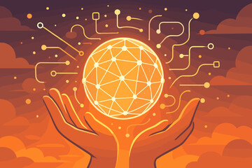 Hands holding glowing global network sphere. Technology, communication, and innovation concept. Abstract futuristic vector of internet, data exchange, AI, and blockchain connection.
