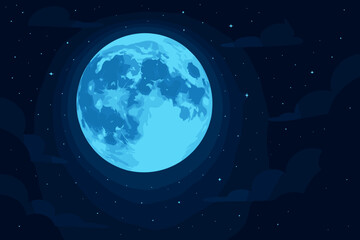 Wall Mural - Big blue full moon on a starry night sky with clouds. Vector illustration of a mystical celestial body. Fantasy space background. Magical glowing moonlight. Astrology concept.