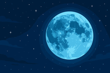 Wall Mural - Blue full moon on a starry night sky with clouds. Vector illustration background. Magical celestial, cosmic scene for astronomy or fantasy concepts. Dark space with moonlight.