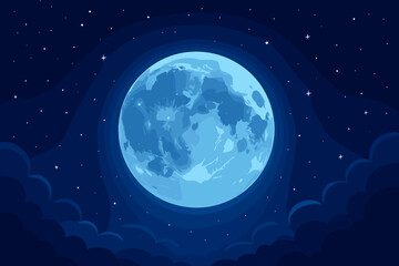 Wall Mural - Blue full moon on a dark night sky with glowing stars and clouds. Vector illustration background. Mystical celestial landscape. Magical, fantasy, or spooky Halloween theme.