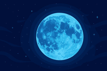 Wall Mural - Blue full moon illustration on a dark starry night sky. Luminous celestial body in outer space. Cosmic background concept for astronomy, science, astrology, and fantasy vector.