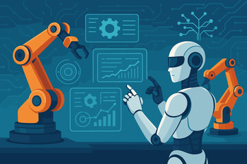 Poster - AI driven robotic factory with humanoid robot controlling production process on digital interface. Concept of smart manufacturing, industry 4.0, automation and future technology.