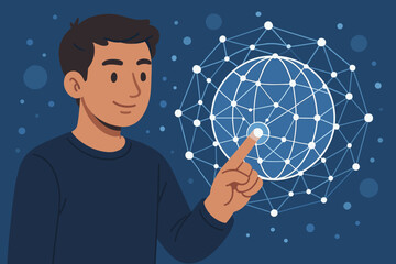 Poster - Man touching a futuristic digital globe. Global network connections concept for worldwide business, data, and internet technology. User interacting with a virtual interface. Vector.