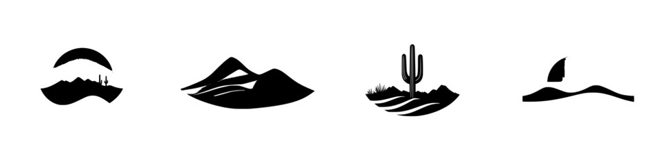Poster - Black icon set featuring simplified nature elements including mountains, cacti, and water
