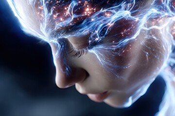 Poster - Portrait of a glowing woman with electric energy effects on a dark background