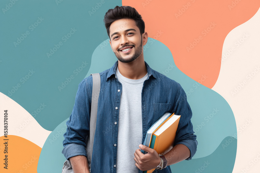 young indian male college student holding books standing on colourful ...