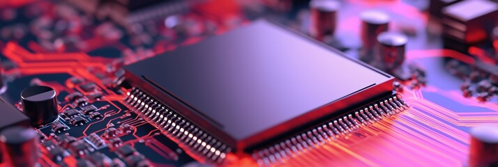 Poster - A close up of a computer chip with a red background. The chip is the central part of a computer and is responsible for processing data. The red background gives the image a sense of intensity