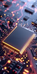Poster - A computer chip is lit up with red and yellow lights. The chip is surrounded by a black background