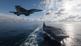 degree upward view of an aircraft carrier at sea, with a fighter jet in flight above. The sky is bright with scattered clouds, and the sea is dynamic.