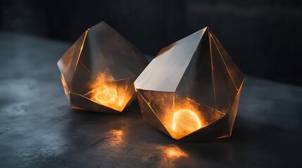 Fototapete - Glowing Geometric Figures on Dark Surface Radiating Warm Light