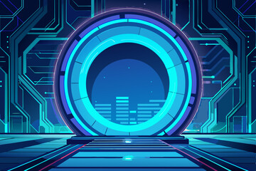 Poster - Futuristic Portal with Cityscape in Blue Tones and Circuit Board Background