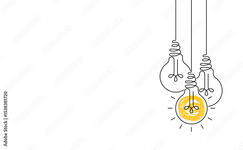 Hanging light bulbs with one glowing on white background. Continuous ...