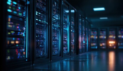 Poster - Server Room Glowing with Blue Lights Houses Network Hardware and Data Storage, a Futuristic Data Center.
