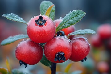 Wall Mural - Vibrant Red Berries with Dewdrops on Green Leaves in Autumn Nature Photography