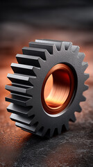 Poster - Metal gear component stands upright with detailed ridges and a central hole. Captured against a dark textured surface, showcasing craftsmanship and engineering