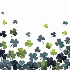 Poster - A vibrant illustration of scattered shamrocks in various shades of green and blue against a clean white background, perfect for St. Patrick's Day celebrations.