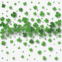 Poster - A vibrant illustration showcasing a scattering of green shamrocks with shadows on a white background, symbolizing St. Patrick's Day festivities and Irish culture.