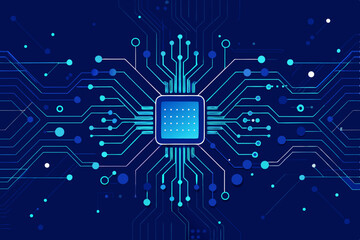 Poster - Abstract Computer Chip Illustration with Circuit Board Connections on Dark Blue Background