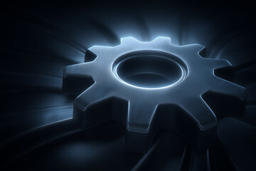 Poster - Illuminated gear radiates in a dark setting, highlighting intricate textures and reflections. Concept of engineering, technology, manufacturing, and design innovation