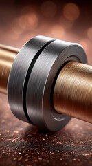 Poster - Metal roller bearing rotates on smooth metallic rod with shiny surface. Rich brown background and warm ambient light highlight details. Concept of engineering, manufacturing, industrial design