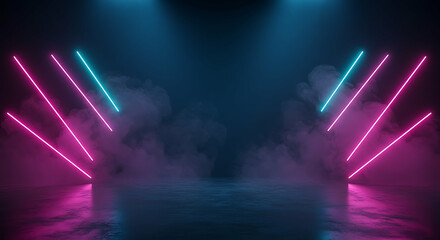 Poster - Abstract futuristic background with glowing neon lights and smoke, cyberpunk design