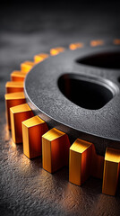 Poster - Detailed view of metallic gear with orange accents and sharp edges. Industrial design captured on textured dark surface enhancing depth. Concept of manufacturing, engineering, mechanics