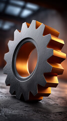 Poster - Metal gear with orange highlights displayed prominently on dark industrial surface. Soft lighting creates emphasis on shape and texture. Concept of engineering, industrial design, manufacturing