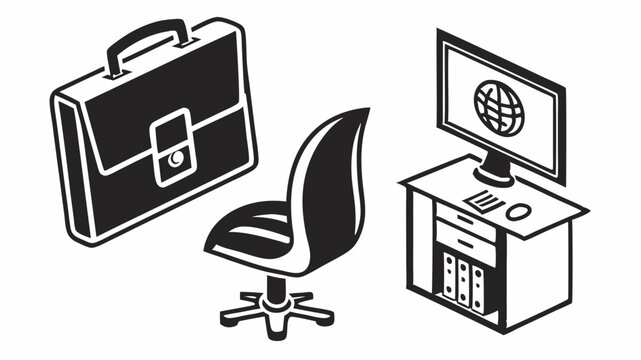Black silhouette illustration of a briefcase, office chair, and computer desk with a globe on the screen display
