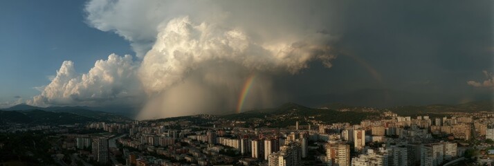 Poster - Storm Cloud Transforms Into Rainbow Above a Bustling City Landscape at Dusk