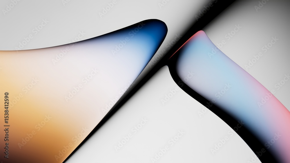 3d render. Abstract background of smooth liquid glass shapes and bubbles. Fluid gradient of pastel and neon colors