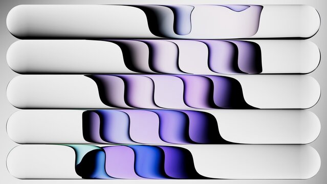 Abstract background. Ribbed glass effect. Glossy polished metallic blinds. Paper layers. 3d rendering, colorful gradient refracted in rippled glass. Fluid pattern with curved lines