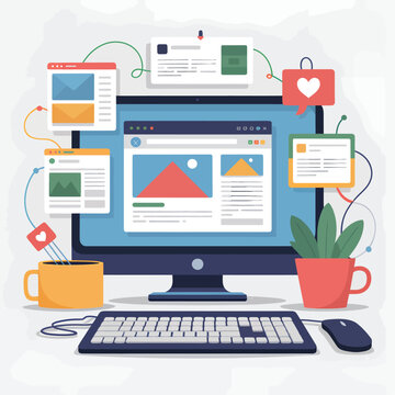Modern desktop computer illustration with web design elements and social media notifications represents digital communication and online activity
