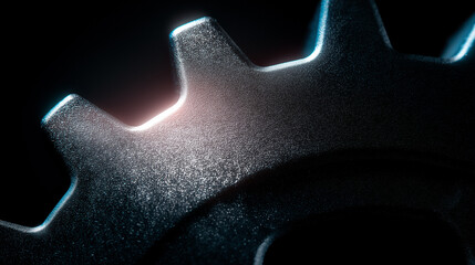 Poster - Close up of metallic gear highlighting its textured surface and glowing edge. Dimly lit workshop environment reflects industry context. Concept of manufacturing, engineering, mechanics
