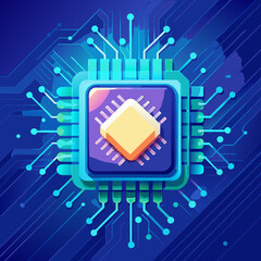 Poster - Stylized Microchip Illustration with Circuit Board on a Blue Background