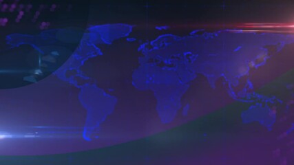 Poster - Fading in glowing blue world map on purple backdrop, with gliding bar, red streak, pixel clusters