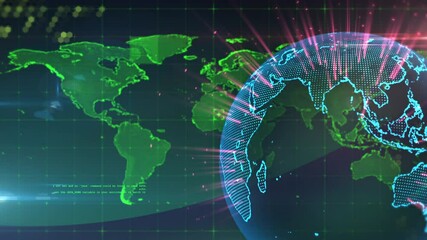 Poster - Displaying neon map starting sliding globe hologram at console, with cyan overlays and pink beams