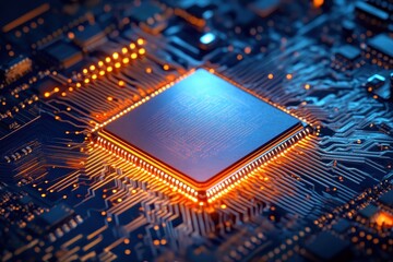 Poster - Futuristic microchip with advanced circuitry illuminated in vibrant hues enhancing technology