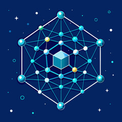Poster - Abstract Geometric Structure with Spheres and Cube on Dark Blue Background