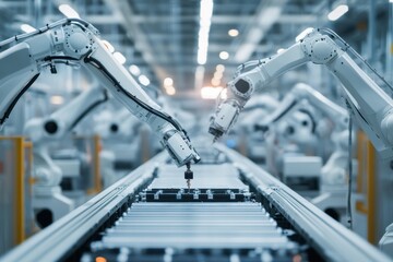 Poster - Industrial robotic arms efficiently assemble lithium-ion batteries in a high-tech manufacturing facility