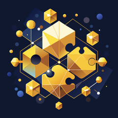 Poster - Abstract puzzle pieces forming a cube with connecting spheres and lines illustration