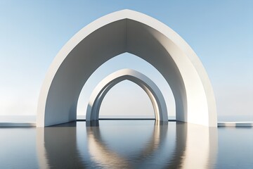 Poster - Minimalist White Arches Reflecting on Calm Water Against Clear Blue Sky